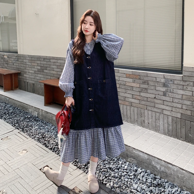 韩系复古学院风牛仔背心连衣裙套装女2025秋新款格纹衬衫裙两件套