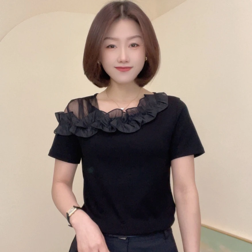 25260春季新款蕾丝气质显瘦洋气修身拼接时尚百搭韩版设计感上衣