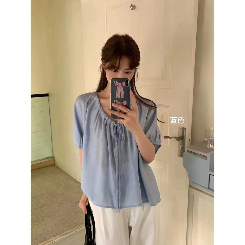 系设计感v领抽绳系带衬衫 6385