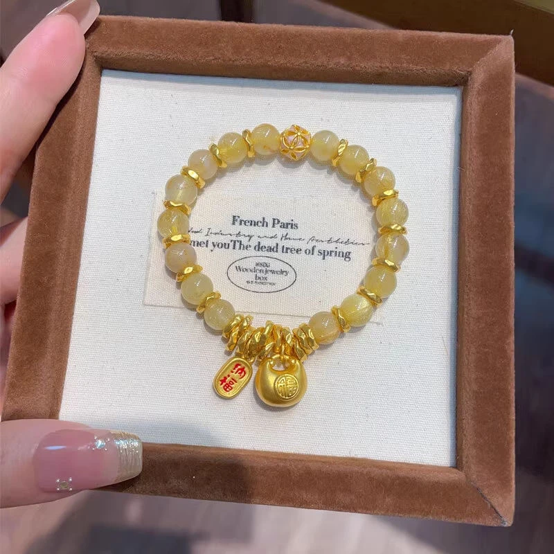 铜合金手链 蜜糖色串珠百搭高级精致小众手链 盘缠小胖福福牌女款