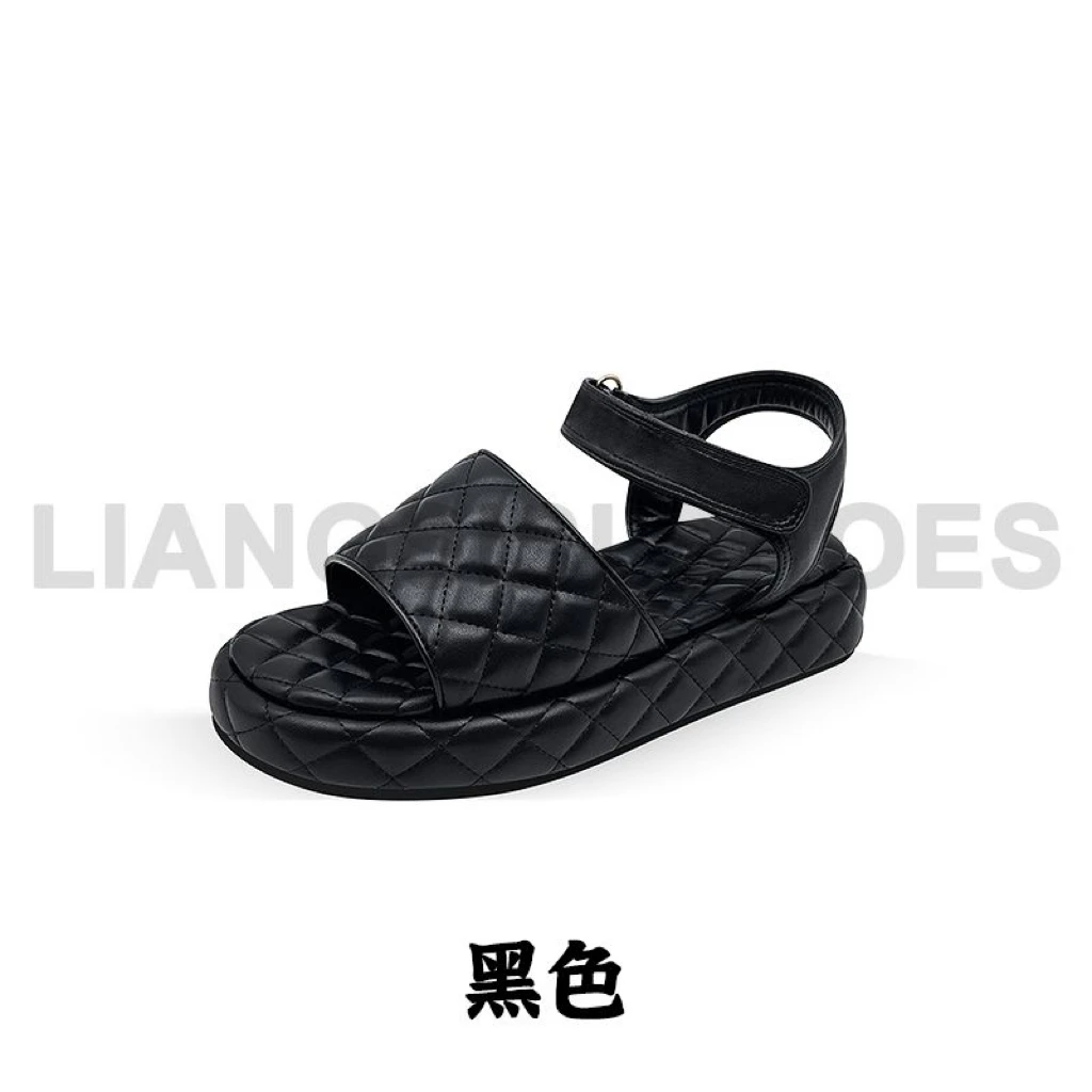 P 休闲百搭时尚透气魔术贴小香风一字凉鞋-HT717