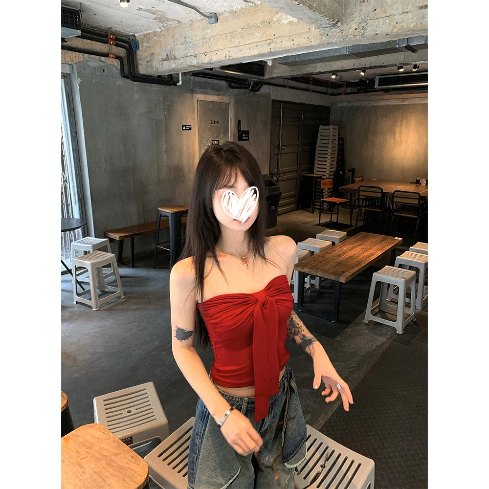 复古红色抹胸小背心女夏季蝴蝶结性感辣妹内搭短款外穿上衣20907
