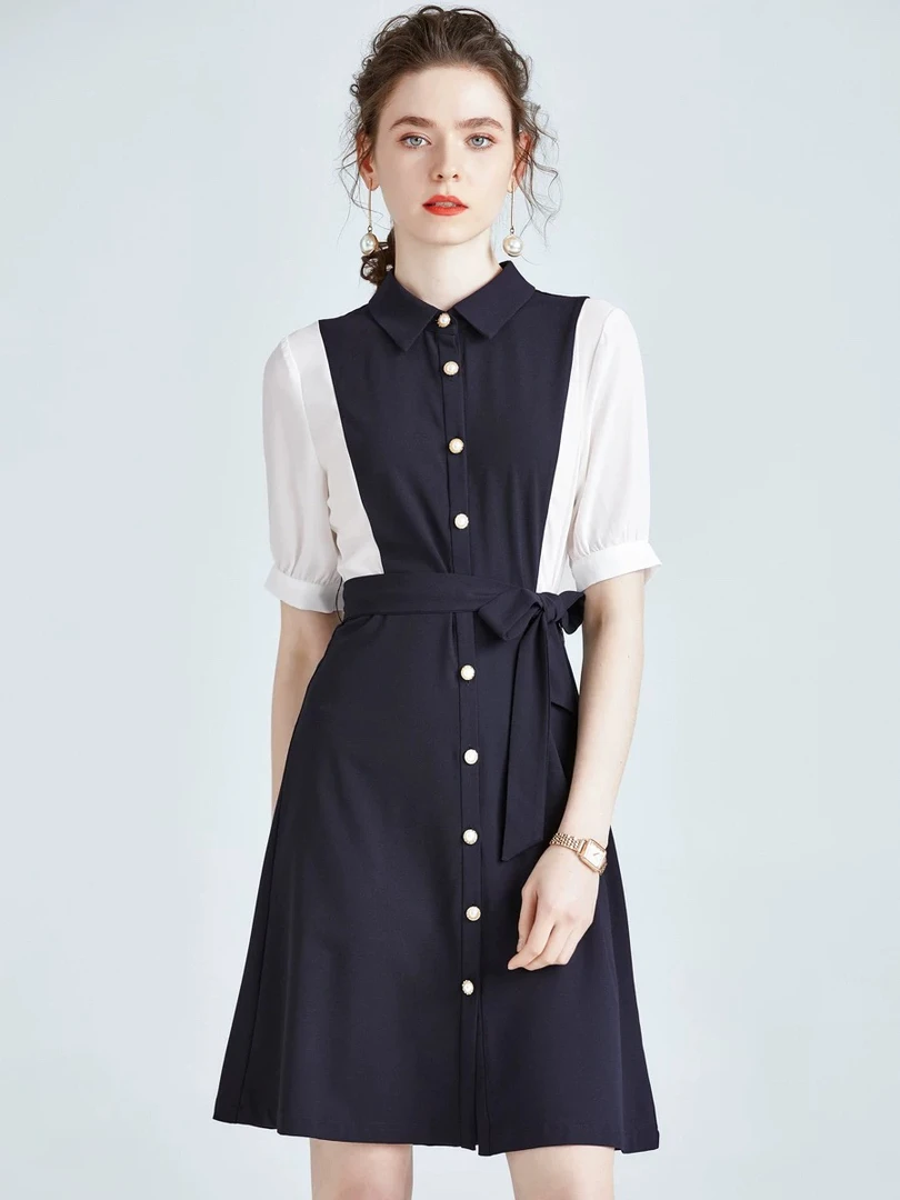 CG6211显瘦撞色中长款设计感夏季复古赫本风连衣裙夏季洋气春季