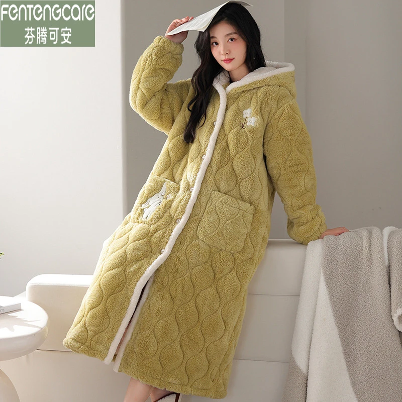 芬腾可安冬季珊瑚绒女士可爱睡袍三层保暖夹棉连帽冬天加厚家居服