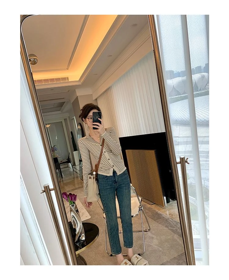 polo领针织衫条纹上衣秋季新款修身显瘦打底衫女气质内搭V领开衫