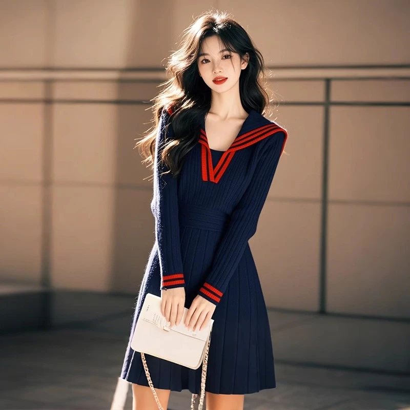 简米杉小香风针织连衣裙女春气质法式海军领富家千金收腰显瘦裙