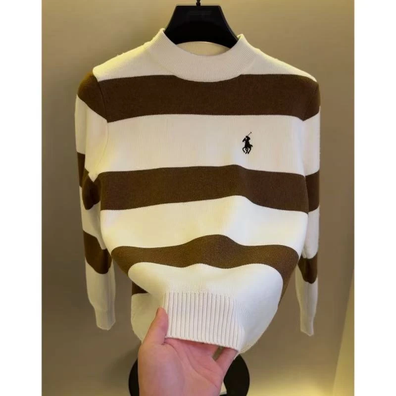 高档半高领针织衫毛衣男士冬季时尚潮流拼色条纹打底衫男装25866