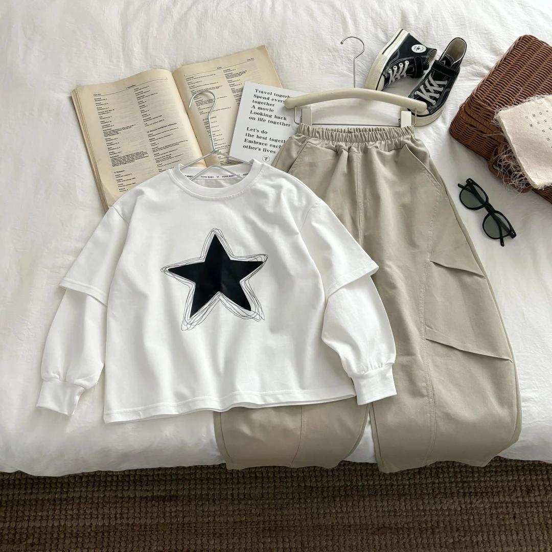 儿童秋季韩版双沙纯棉假两件套装洋气百搭休闲男女童圆领中大童