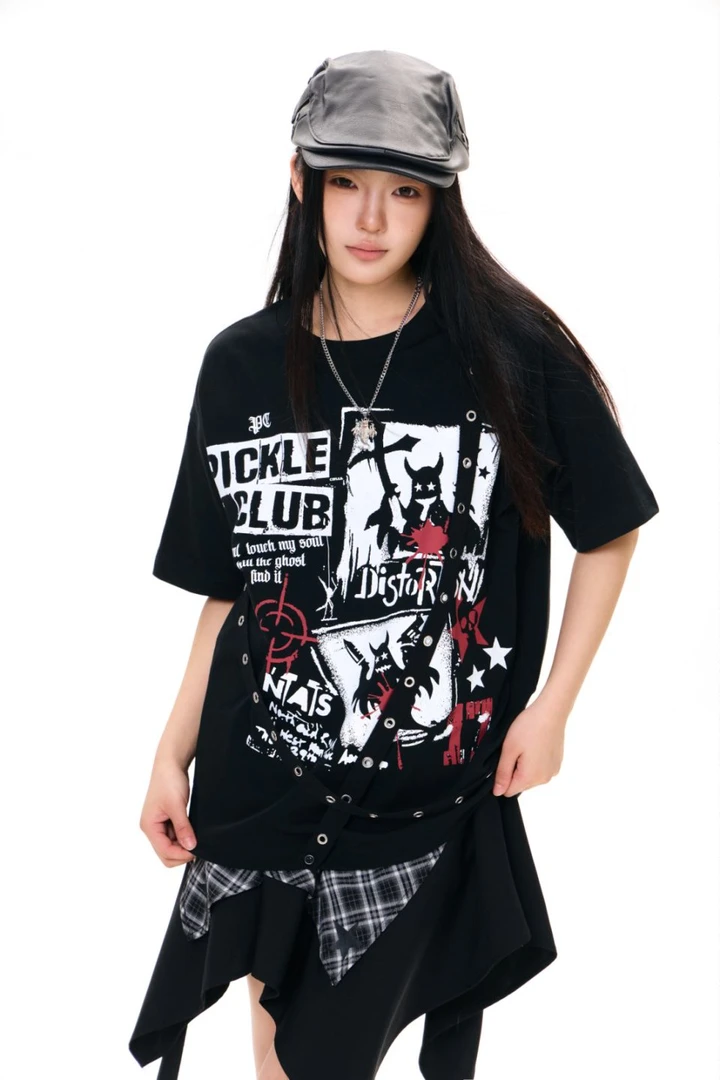 梁拌泡菜亚文化视觉系印花短袖嘻哈圆领T恤夏百搭宽松上衣男女