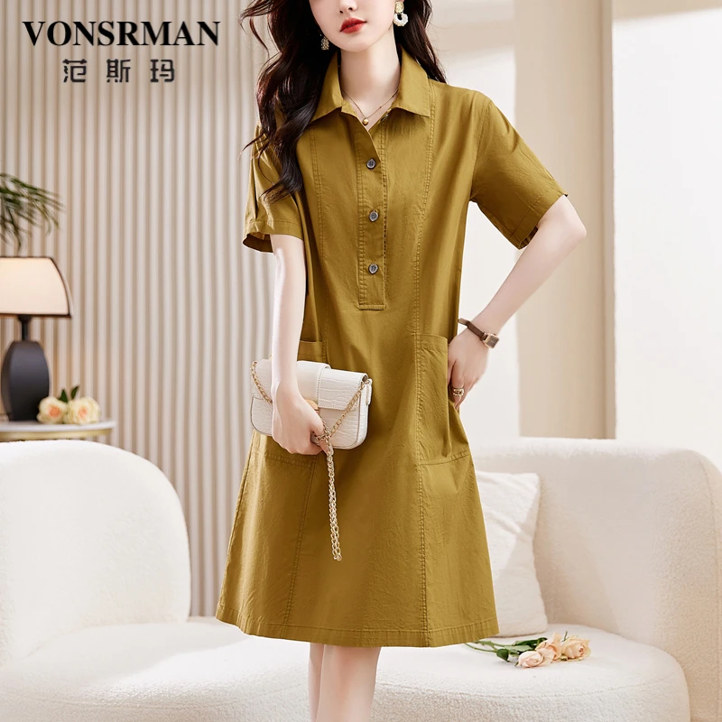VONSRMAN文艺风气质连衣裙女夏季新款时尚休闲宽松遮肚显瘦衬衫裙