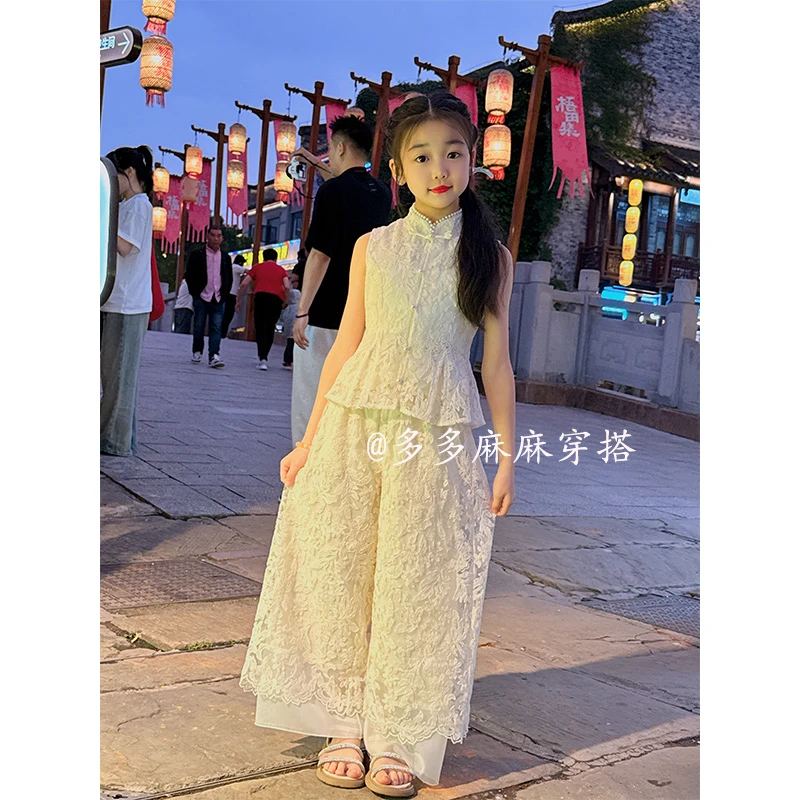 夏季女童简约款重工提花无袖新中式中国风裙裤套装镂空套装23962#