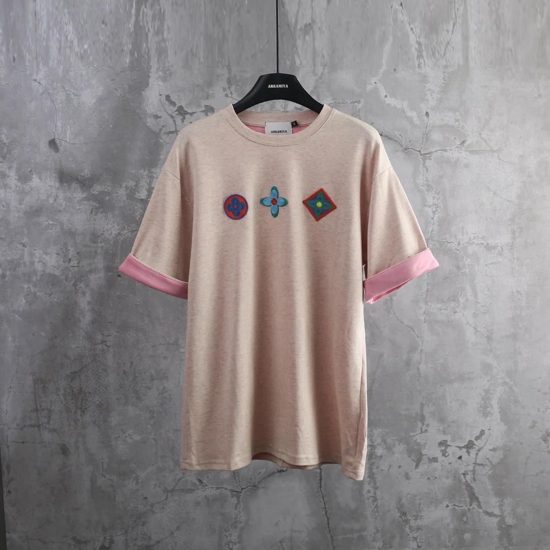 花朵刺绣撞色拼T恤CP013