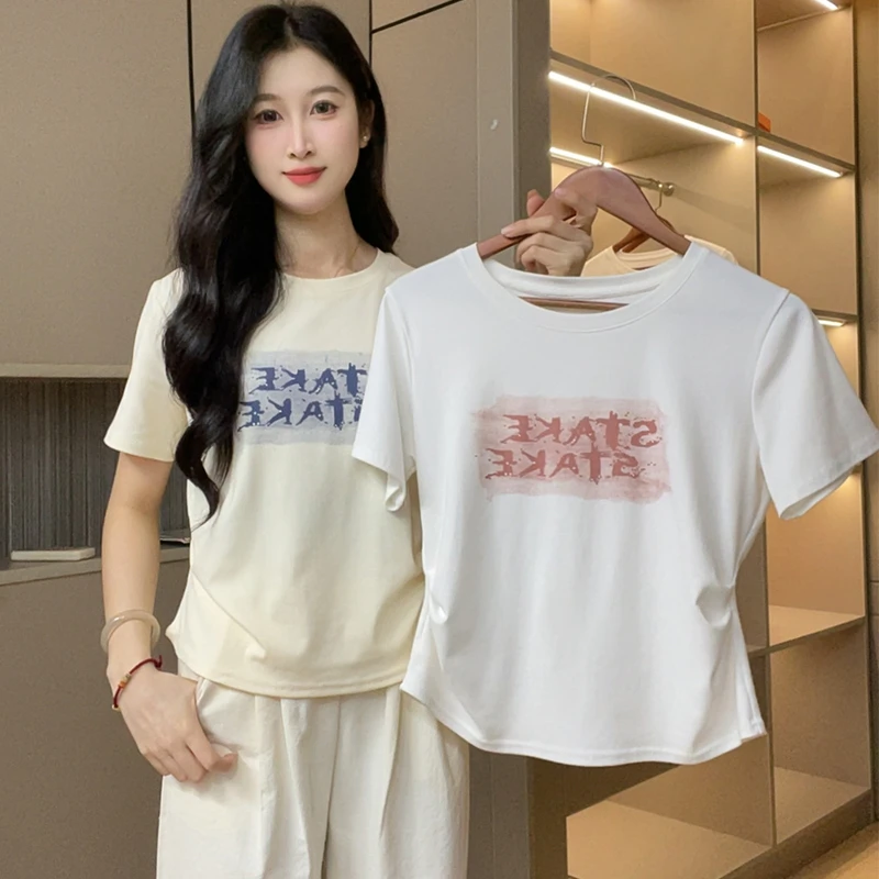 2025夏季新款设计感螺纹棉字母印花短袖T恤女百搭不规则上衣