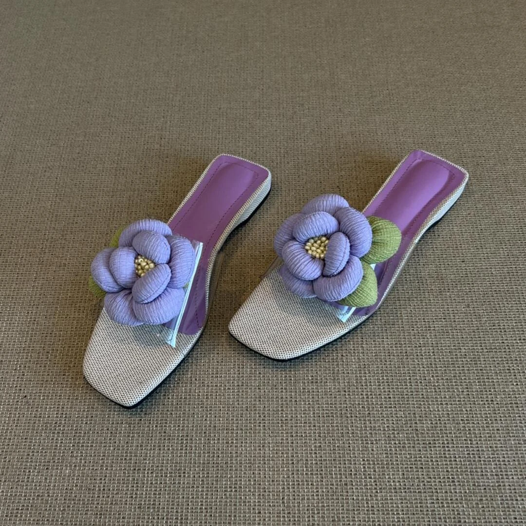 全羊皮~法式复古风花朵拖鞋女松糕厚底轻便凉拖鞋女度假沙滩鞋女