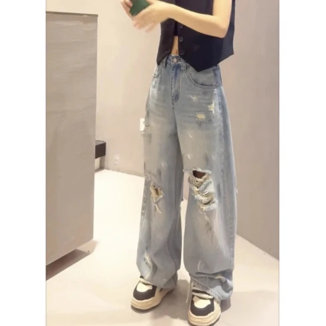 新款破洞窄版直筒牛仔裤女大码微胖mm高腰宽松显瘦ins风阔腿长裤