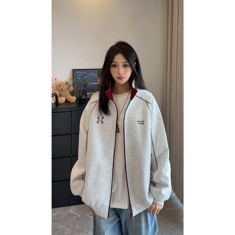 撞色拼接立领外套男秋季新款美式复古休闲运动夹克学院风开衫卫衣