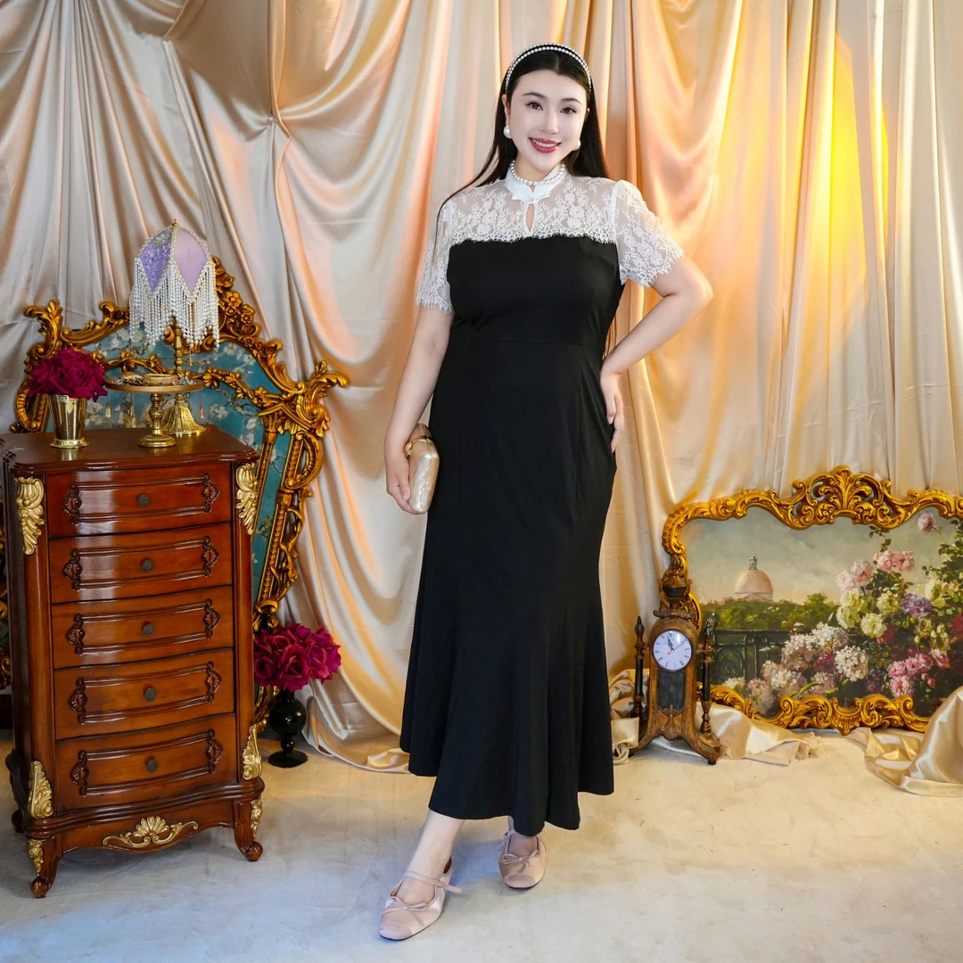 【仟艺】【蕾丝夜宴】大码女装夏季蕾丝旗袍改良连衣裙收腰包臀鱼尾裙