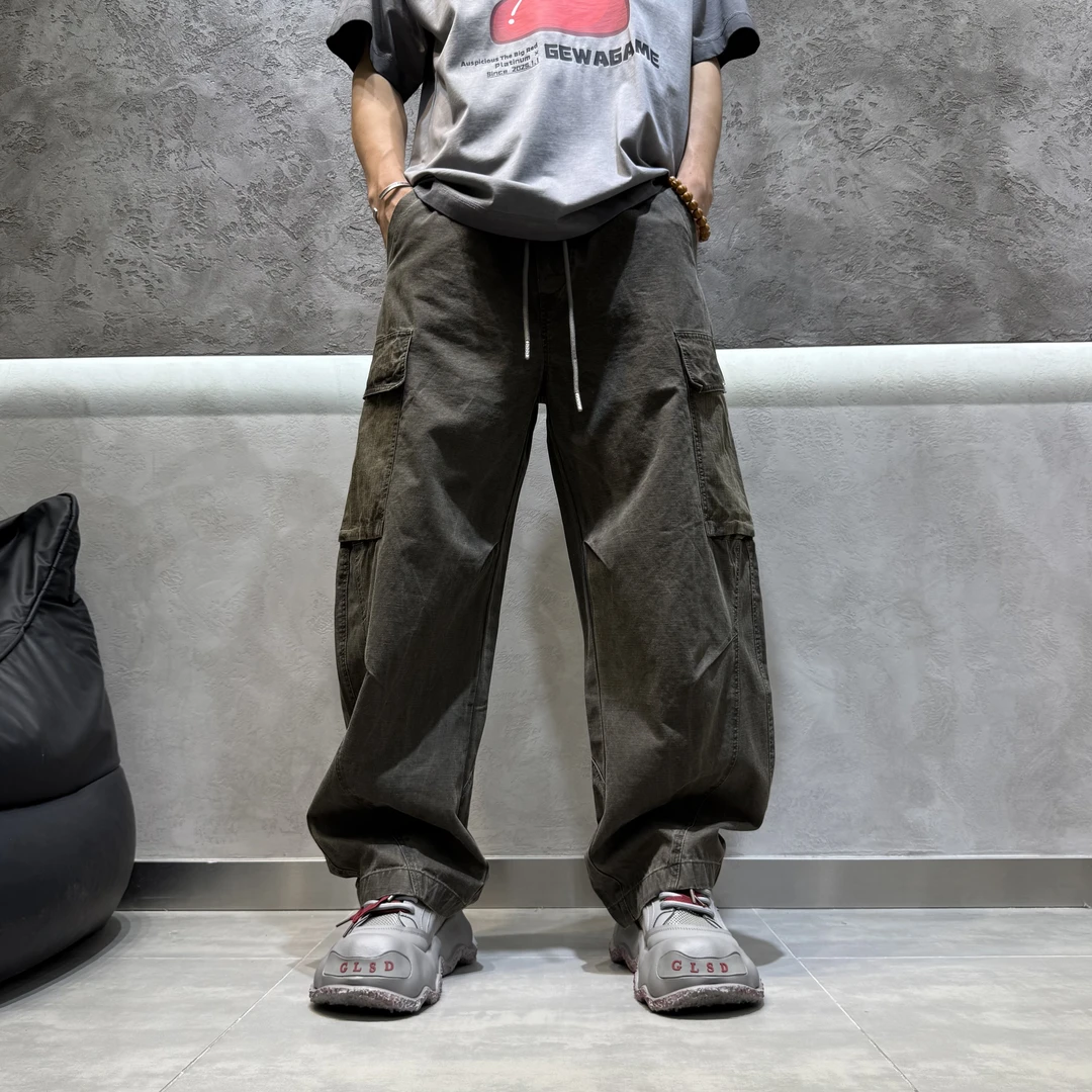 2025早秋新款男士复古宽松直筒型水洗大码工装裤直筒美式休闲裤潮