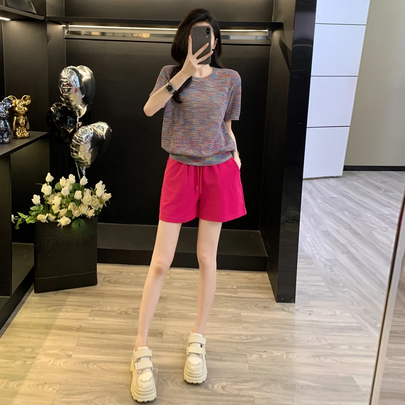 休闲时尚运动套装女夏季2025新款气质减龄镂空宽松短袖短裤两件套