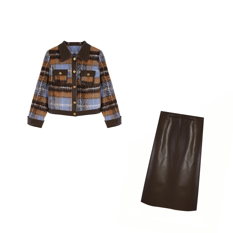 橘子-蓝咖格上衣皮裙两件套ZL100643套装