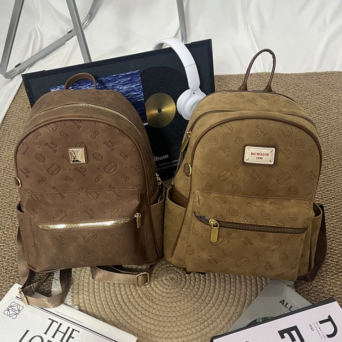 韩系复古饼干猫咪学院风双肩包时尚百搭大容量学生通勤可爱背包