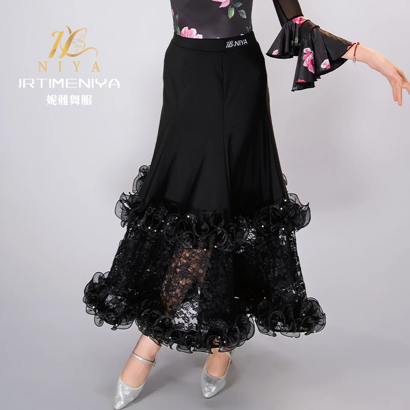 摩登舞立体蕾丝珍珠花边半身裙鱼骨气质大裙摆交谊舞表演裙比赛裙