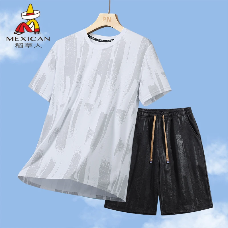 稻草人夏季休闲冰丝运动套装男生印花短袖T恤速干裤子休闲两件套