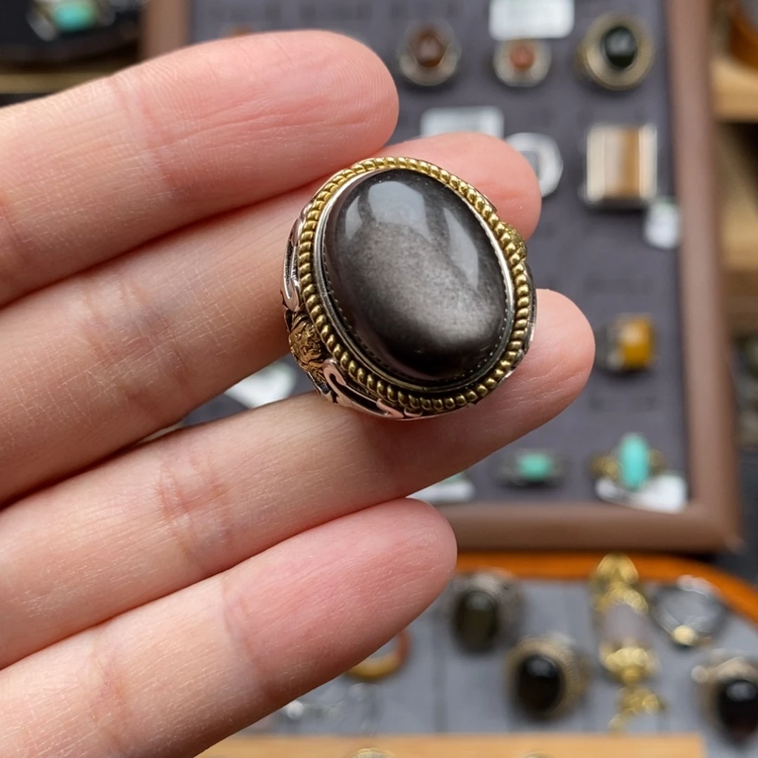 黑曜岩银S925镶嵌戒指黑曜石