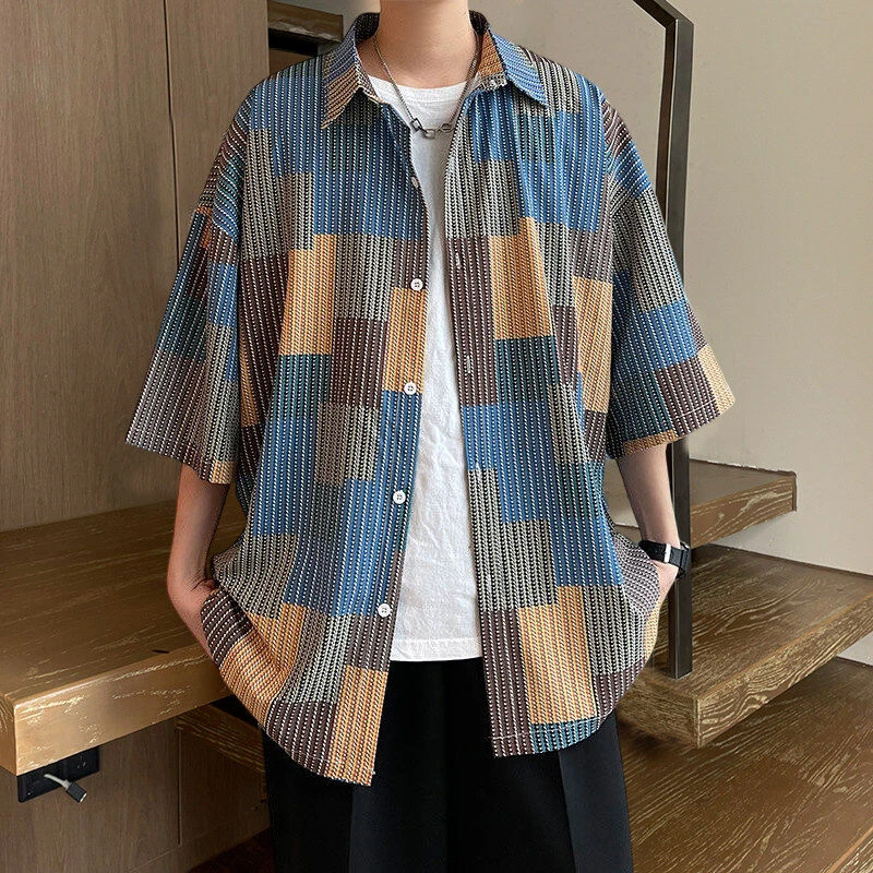 衬衫短袖男学生衬衣大码港风短袖衬衫薄款夏季休闲帅气五分袖衬衫