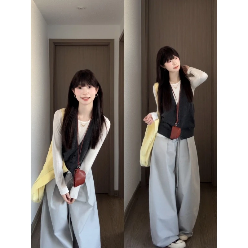 MARIE.COCO韩系设计感挂脖马甲长袖打底衫阔腿长裤女秋季时尚套装