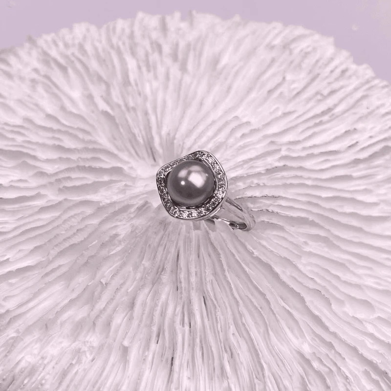 淡水珍珠8-10mm灰珠菱形戒指简无核扁圆馒头珠气质简约w191