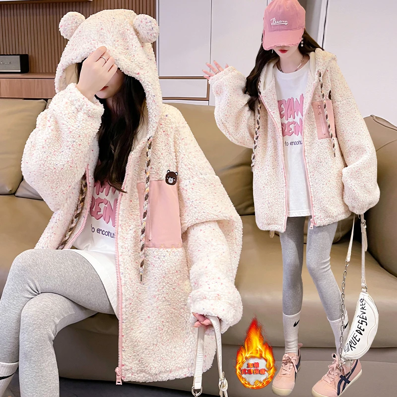 可爱连帽羊羔毛绒棉服女冬季加厚时尚洋气宽松大码中大童外套棉袄