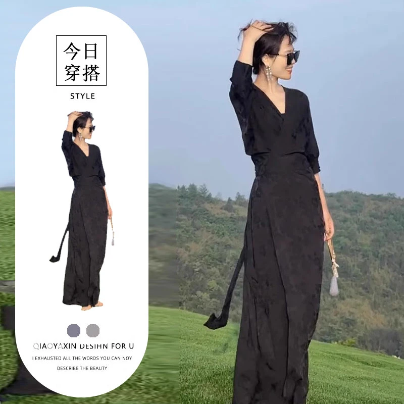 高端精致清冷感禅意黑色连衣裙女2025复古风新中式改良旗袍潮