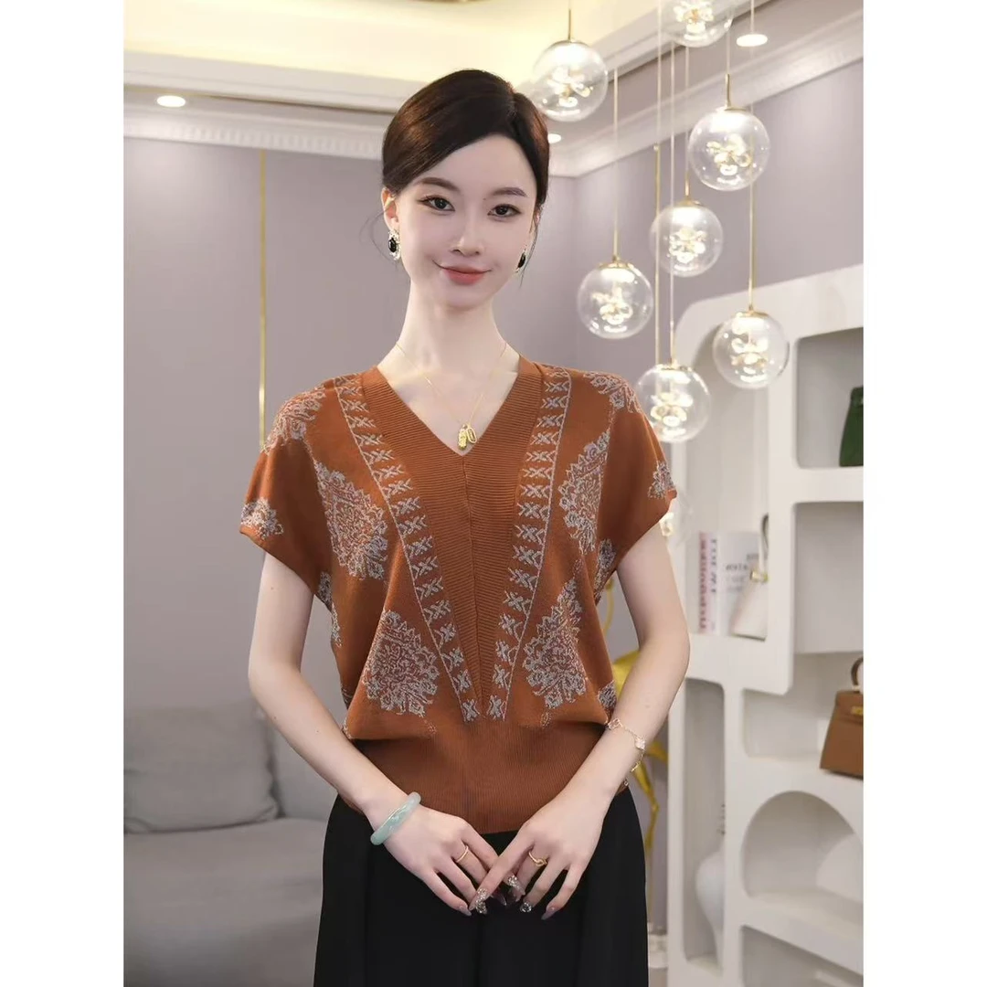 2026夏新【7849】莱赛尔独特短袖薄款抽象V领套头宽松针织上衣女款