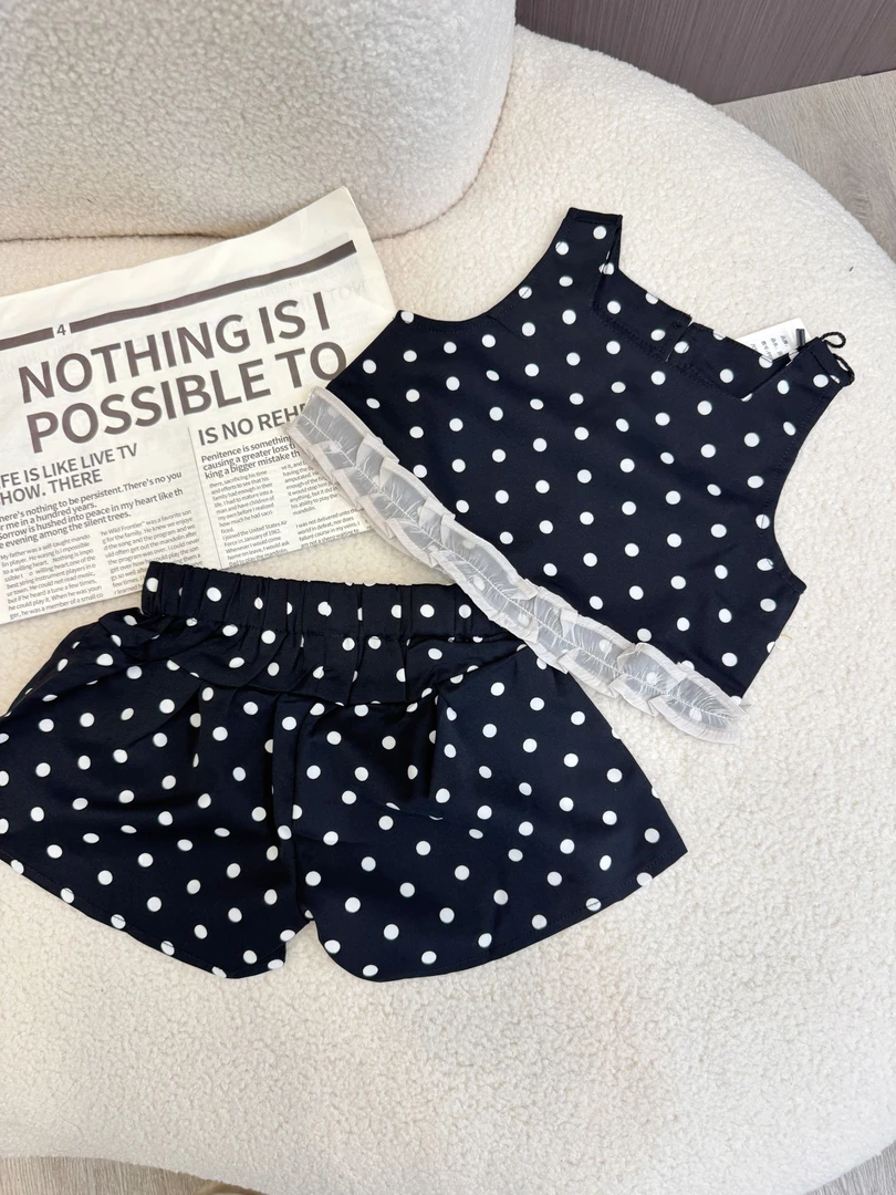 小童套装无袖短裤女童夏季ol圆点套装背心短裤女森系可爱波点女宝
