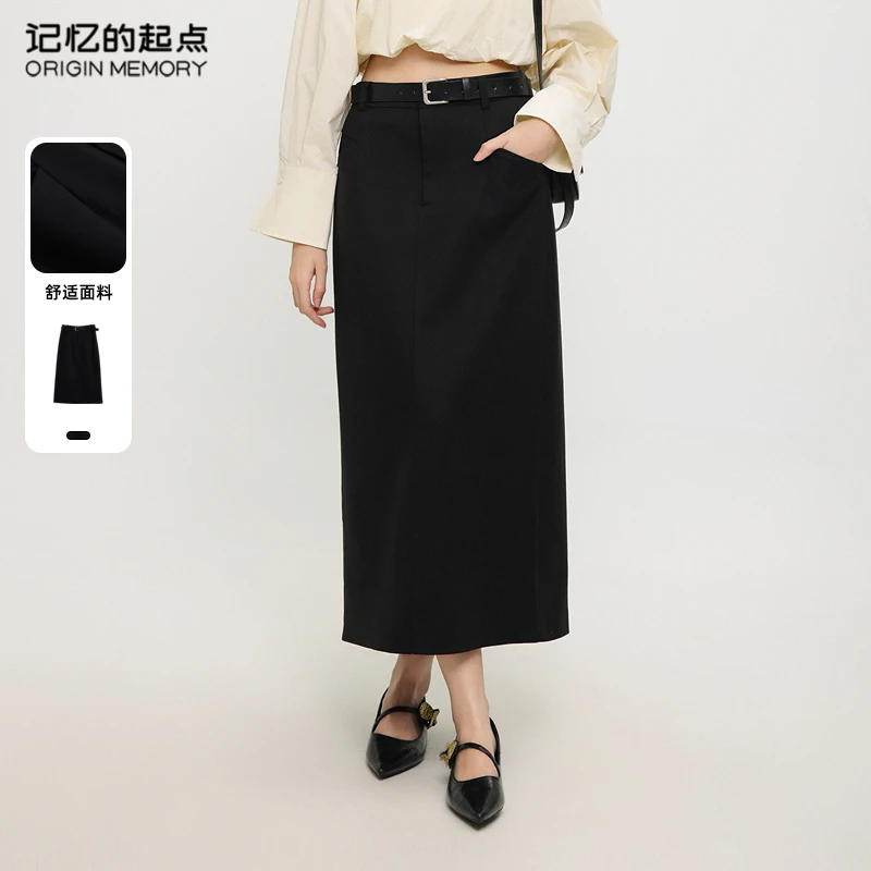 记忆的起点黑色直筒H型半身裙2025春季新款中长裙子女69AC69655
