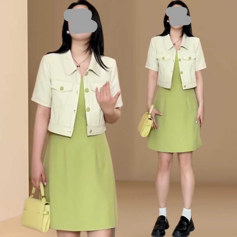 韩系2025夏季修身显瘦吊带连衣裙+宽松短款开衫外套撞色两件套女