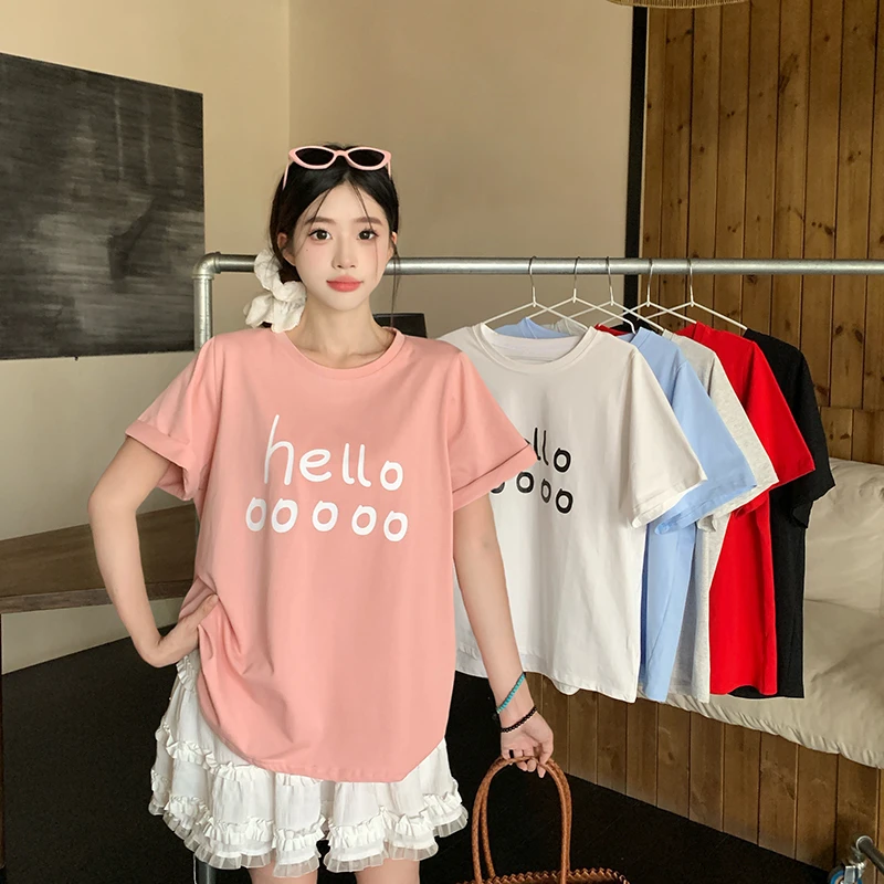 大码胖mm夏韩版正肩圆领短袖T恤印花上衣显瘦百搭休闲宽松女 5853