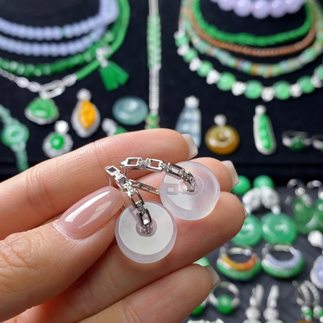 翡翠18K金镶嵌耳饰链条耳包➕高冰路路通