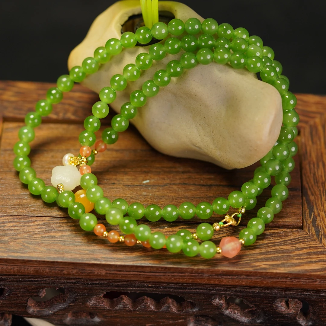 天然和田玉俄罗斯碧玉苹果绿 时尚气质精致毛衣链正宗上等高货