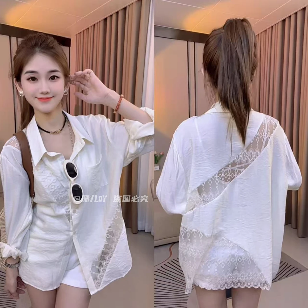 镂空蕾丝拼接防晒衬衫女夏季2025新款宽松薄款小个子透气开衫外套