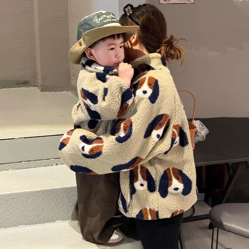亲子装女童加绒外套秋冬2025新款儿童加厚上衣宝宝洋气可爱毛毛衣