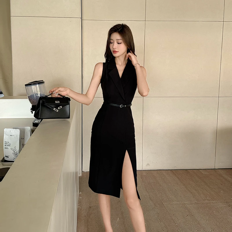 职场海妖风V领中长款西装连衣裙女夏季智感开叉裙子