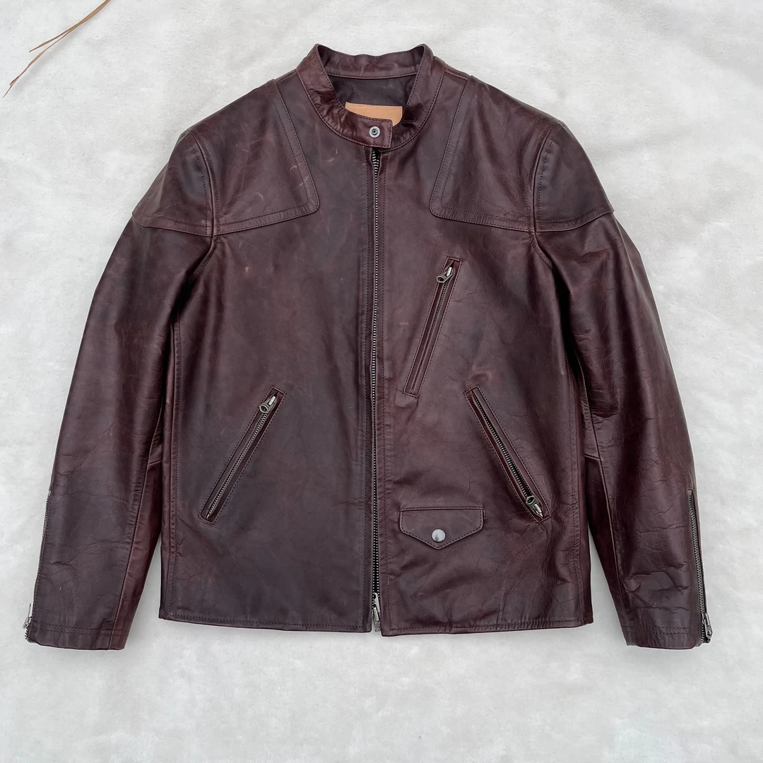 复古做旧无涂油蜡头层马皮皮衣男立领短款机车皮夹克毒液同款修身