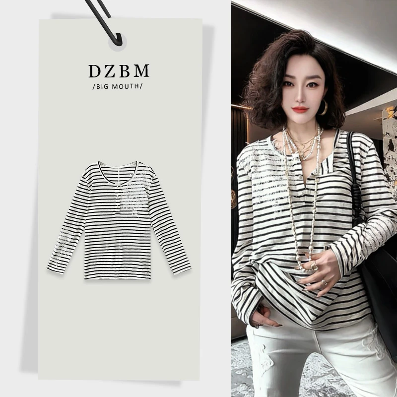 DZBM时尚轻奢百搭条纹重工烫钻拼接天丝上衣-S5431