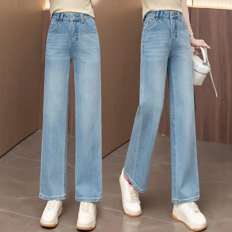 杜拉妮浅蓝色直筒牛仔裤女夏季薄款2025新款高腰显瘦宽松九分窄版