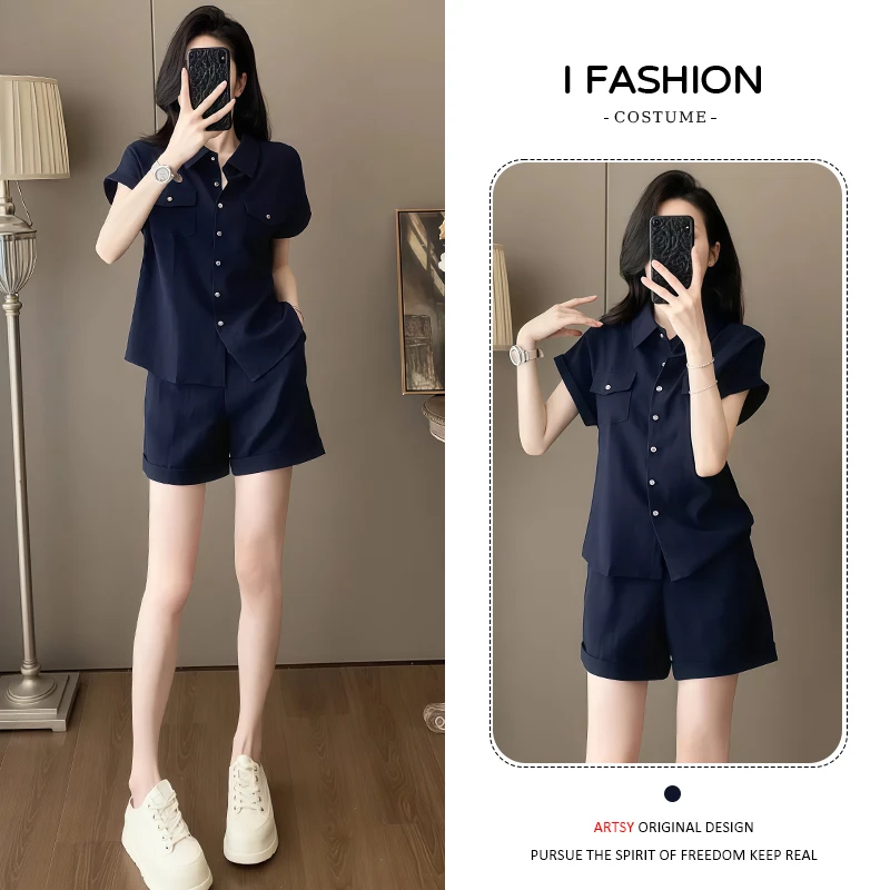 高级感时尚套装女2025年夏季新款韩版百搭通勤舒适衬衫短裤两件套