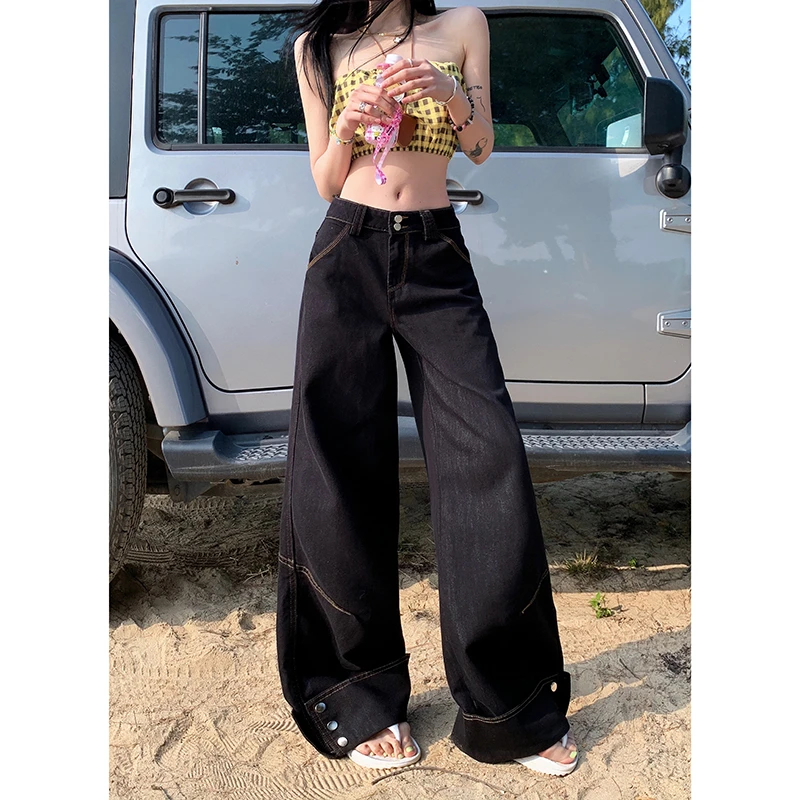 NORNLGGER 美式黑色宽松牛仔裤女春夏2025新款显瘦高腰翻边阔腿裤