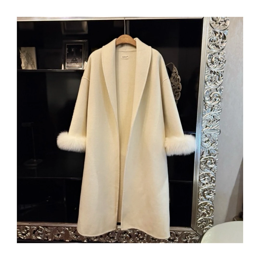 冬季时尚厚款极简风翻领长款过膝双面毛呢大衣外套