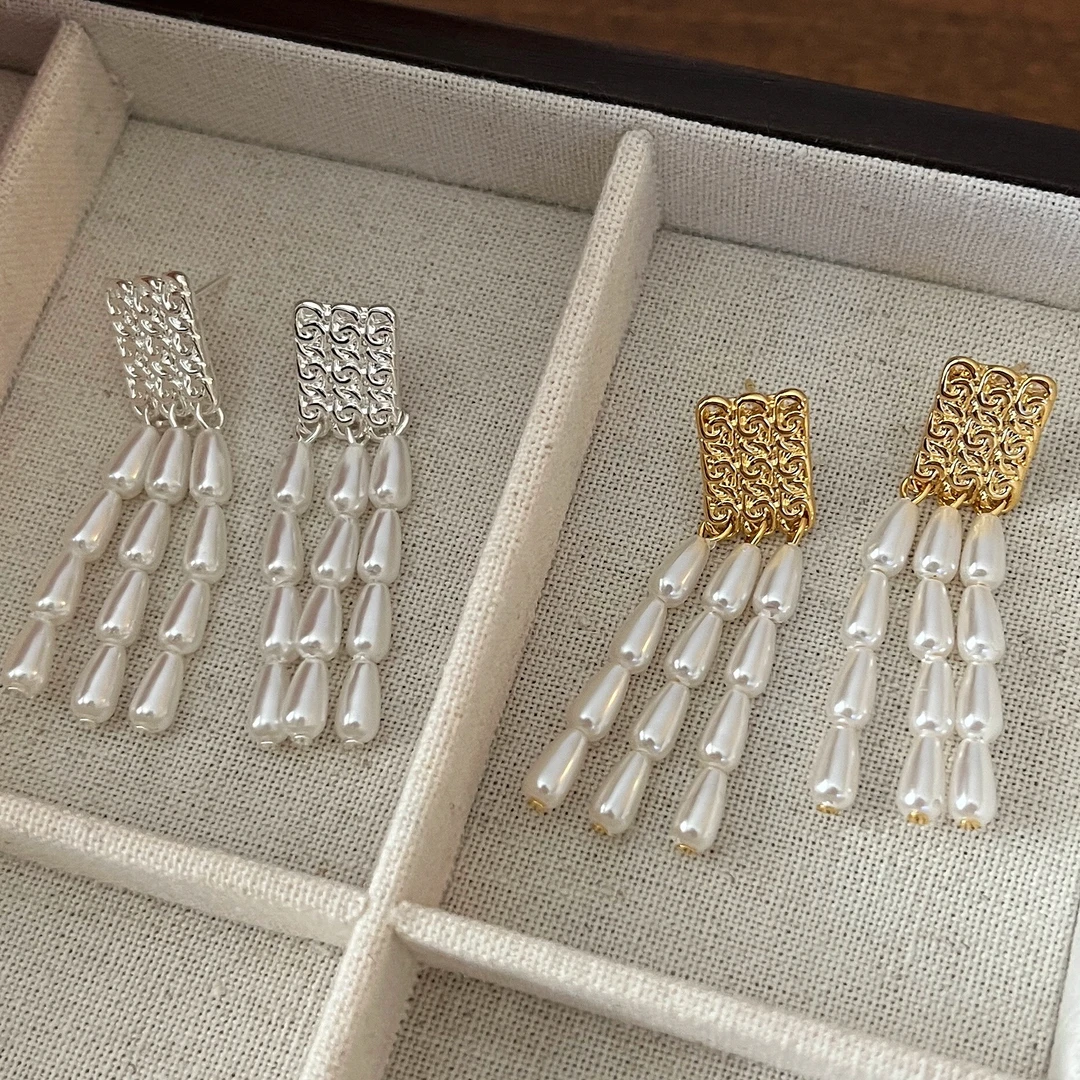 愿岛 黄铜仿珍珠耳饰 法式复古风编织金属方块仿珠流苏耳环EH1213